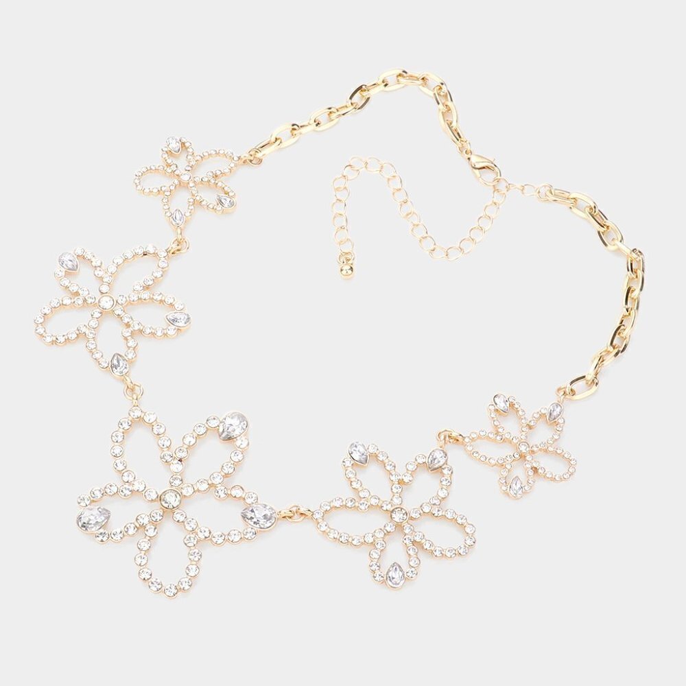 New Flower Crystal Golden Necklace Set Y2k